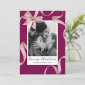 Elegante roze strik foto kerst feestdagenkaart (Staand voorkant)
