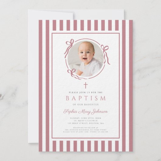 Elegante Roze Strik Foto Meisje Doop Kaart (Voorkant)