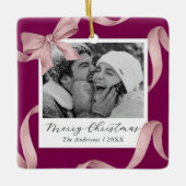 Elegante Roze Strik Foto Vakantie Keramisch Ornament (Voorkant)