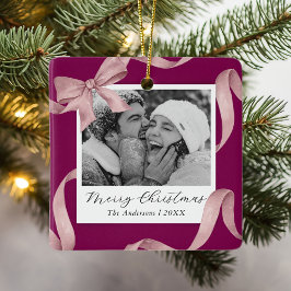 Elegante Roze Strik Foto Vakantie Keramisch Ornament