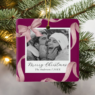 Elegante Roze Strik Foto Vakantie Keramisch Ornament