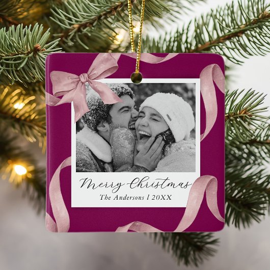 Elegante Roze Strik Foto Vakantie Keramisch Ornament