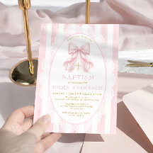 Elegante Roze Strik & Kruis Meisje Doop Uitnodigin