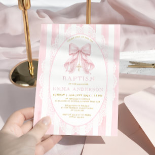 Elegante Roze Strik & Kruis Meisje Doop Uitnodigin Kaart