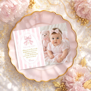 Elegante Roze Strik Meisje Doop Foto Plat Bedankkaart