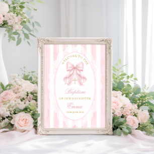 Elegante Roze Strik Meisje Doop Uitnodiging Poster