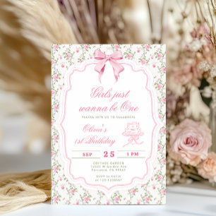 Elegante Roze Strik Meisje Eerste Verjaardag Kaart