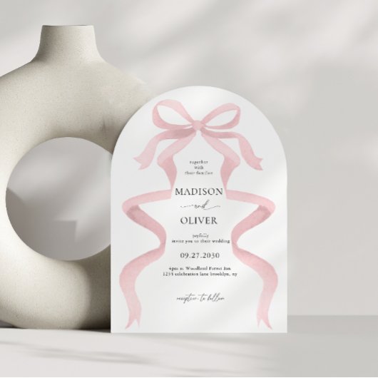 Elegante Roze Strik Monogram Boog Bruiloft Kaart