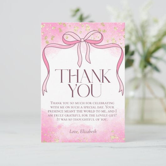 Elegante Roze Strik Nep Goud Glitter Bruids- Bedankkaart (Staand voorkant)