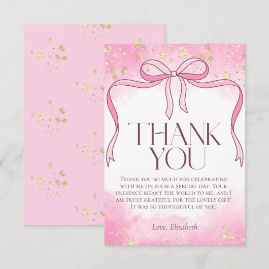 Elegante Roze Strik Nep Goud Glitter Bruids- Bedankkaart (Voorkant / Achterkant)