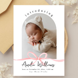 Elegante Roze Strik Overlay Foto Geboorteaankondig Bedankkaart