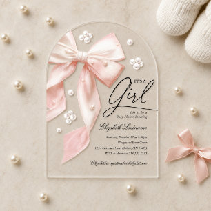 Elegante Roze Strik Parel Meisje Baby Shower Uitno Acryl Uitnodigingen