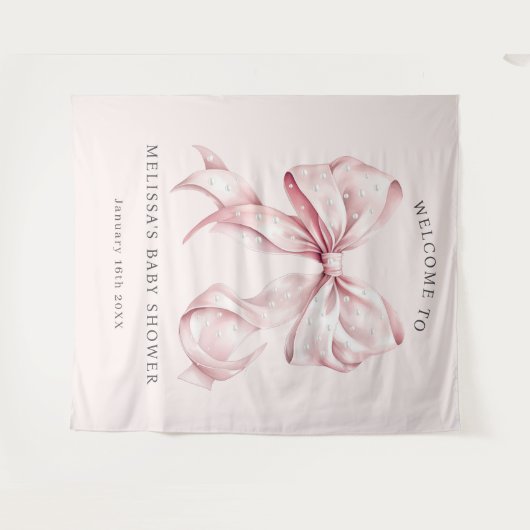 Elegante Roze Strik & Parels Baby Shower Tapijt Wandkleed (Voorkant (horizontaal))