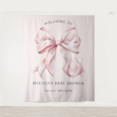 Elegante Roze Strik & Parels Baby Shower Tapijt Wandkleed (Voorkant)