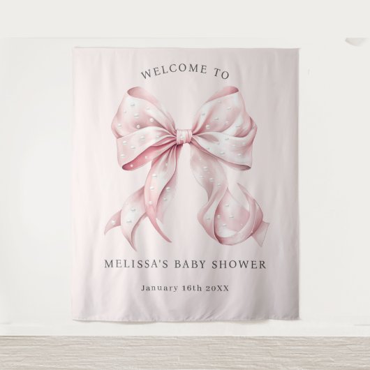 Elegante Roze Strik & Parels Baby Shower Tapijt Wandkleed (Voorkant)