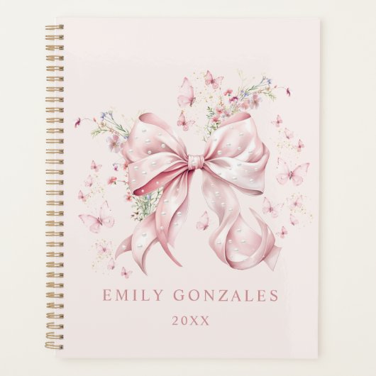 Elegante roze strik & parels Coquette gepersonalis Planner (Voorkant)