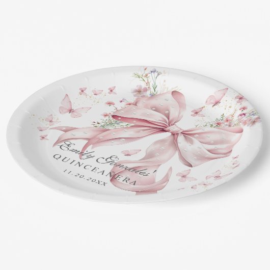 Elegante roze strik & parels Coquette Quinceañera Papieren Bordje (Gekanteld)