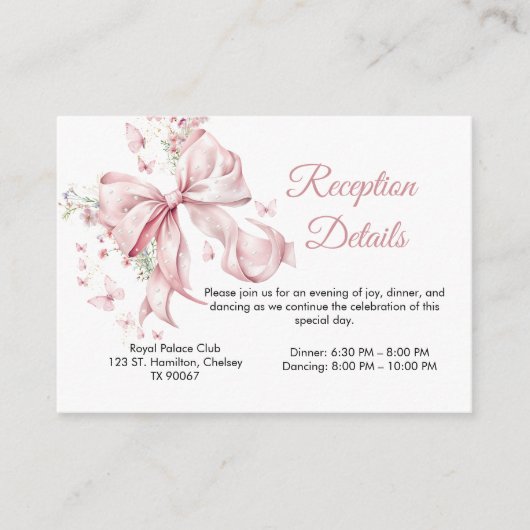 Elegante roze strik parels Quinceañera Receptie Informatiekaartje (Voorkant)