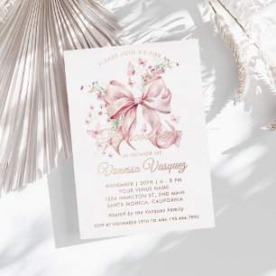 Elegante Roze Strik Parels & Wilde Bloemen Quincea Folie Uitnodiging