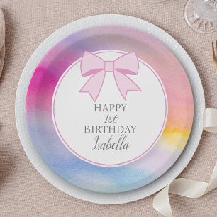 Elegante Roze Strik Regenboog Waterverf Eerste Ver Papieren Bordje