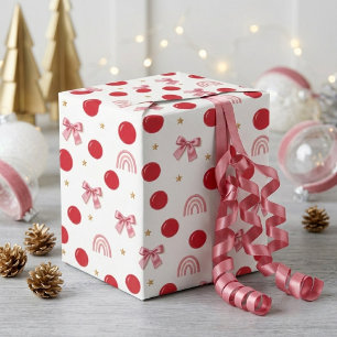 Elegante Roze Strik Rode Stippen Kerstmis Regenboo Cadeaupapier