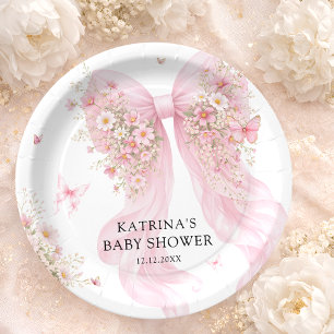 Elegante Roze Strik Wilde Bloem Baby Borrel Papieren Bordje