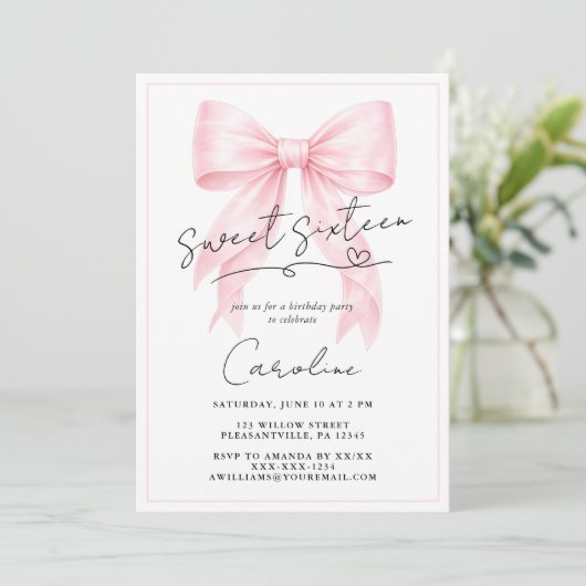 Elegante Roze Strik Zachte 16 Uitnodiging (Staand voorkant)