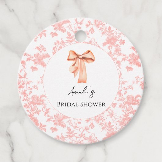 Elegante Roze Toile Bloem Bruiloft Brunch Bedankjes Labels (Voorkant)