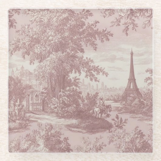Elegante roze Toile de Jouy Franse Country Scene Glazen Onderzetter (Voorkant)