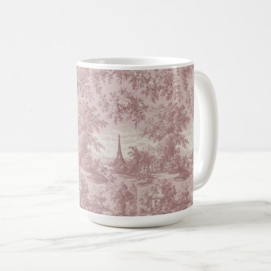 Elegante roze Toile de Jouy Franse Country Scene Koffiemok (Voorkant rechts)