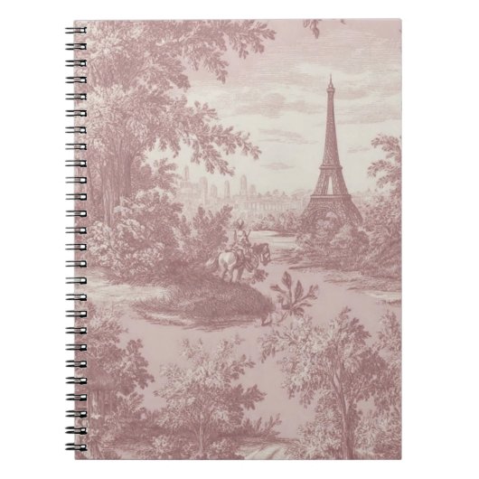 Elegante roze Toile de Jouy Franse Country Scene Notitieboek (Voorkant)