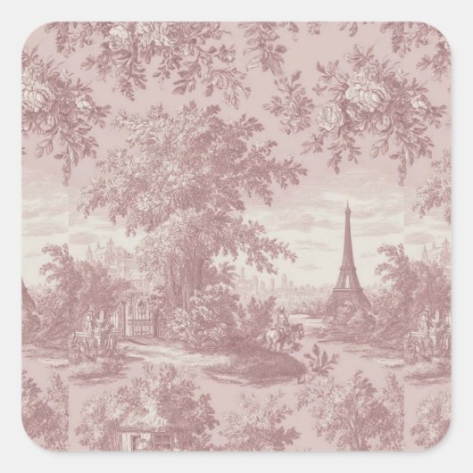 Elegante roze Toile de Jouy Franse Country Scene Vierkante Sticker (Voorkant)