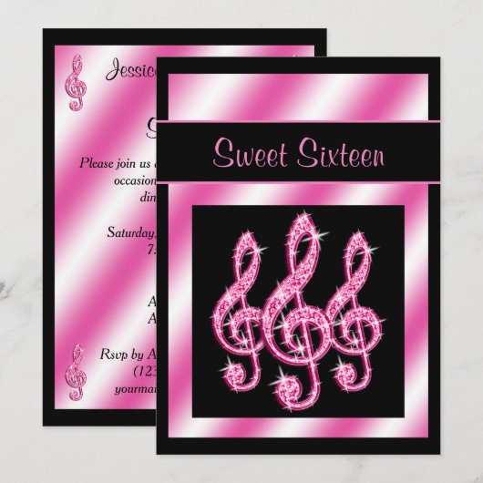 Elegante, roze Treble Clefs Sweet 16 Kaart (Voorkant / Achterkant)