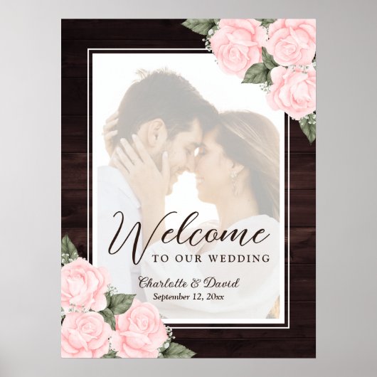 Elegante Roze Trouwfoto Welkomstbord Poster (Voorkant)