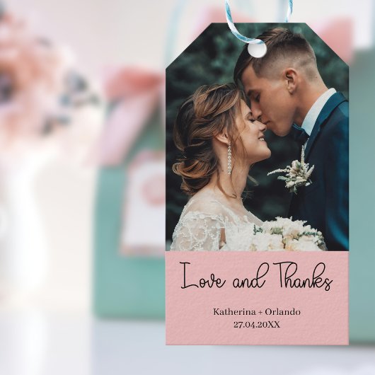 Elegante Roze Trouwliefde en Dank Foto Cadeaulabel