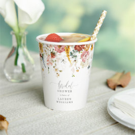 Elegante Roze Tuinbloemen Bruidsdouche Papieren Bekers