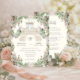 Elegante Roze Tuinbruiloft met Monogram Kaart