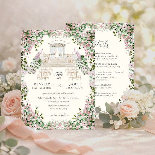 Elegante Roze Tuinbruiloft met Monogram Kaart
