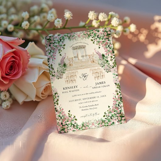 Elegante Roze Tuinbruiloft met Monogram Kaart