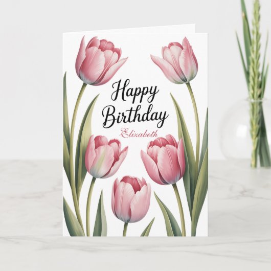 Elegante Roze Tulp Bloemige Verjaardag Kaart (Voorkant)