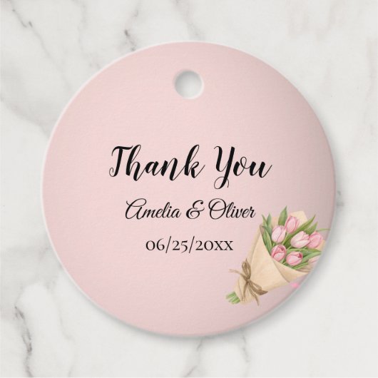 Elegante roze tulpen boeket bruiloft bedankjes labels (Voorkant)