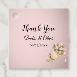 Elegante roze tulpen boeket bruiloft bedankjes labels