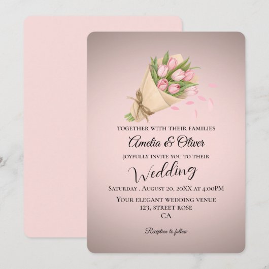 Elegante roze tulpen boeket bruiloft kaart (Voorkant / Achterkant)