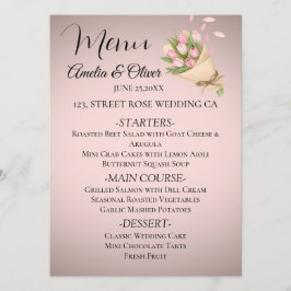 Elegante roze tulpen boeket bruiloft menu