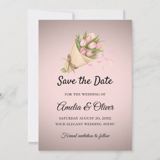 Elegante Roze Tulpen Boeket Bruiloft Save The Date (Voorkant)