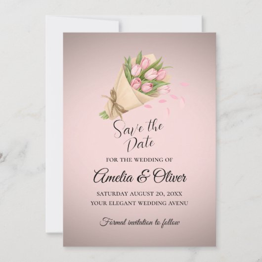 Elegante roze tulpen boeket bruiloft save the date (Voorkant)