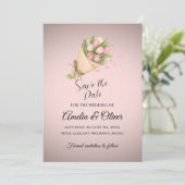 Elegante roze tulpen boeket bruiloft save the date (Staand voorkant)