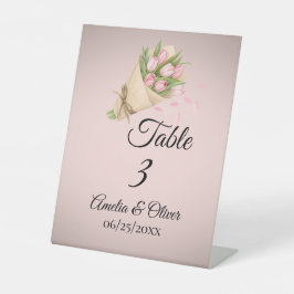 Elegante Roze Tulpen Boeket Bruiloft Tafelnummer Reclamebord Met Voetstuk