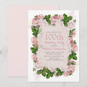 Elegante Roze Vintage Bloem 100ste Verjaardagsfees Kaart