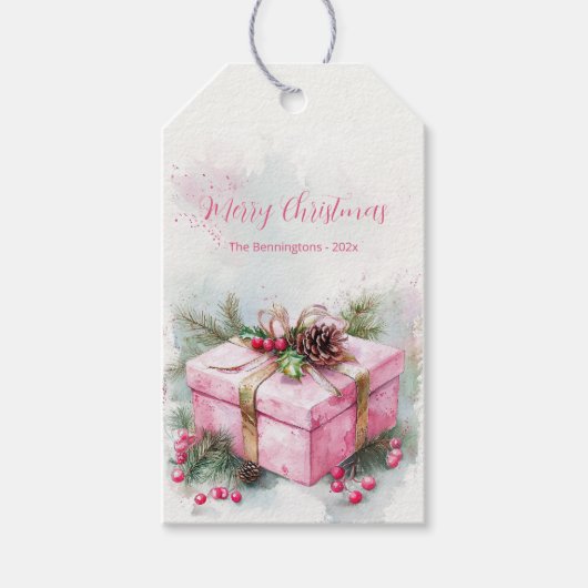 Elegante roze vintage kerst cadeaulabel (Voorkant)